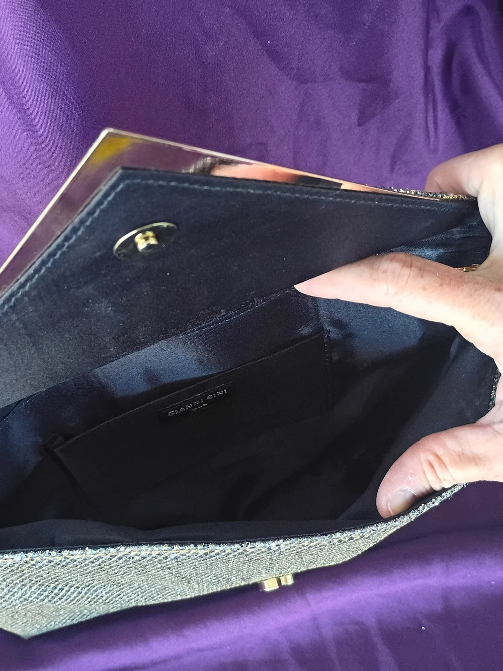 Gianni Bini Silver Glitter Envelope Clutch with Gold V Detail